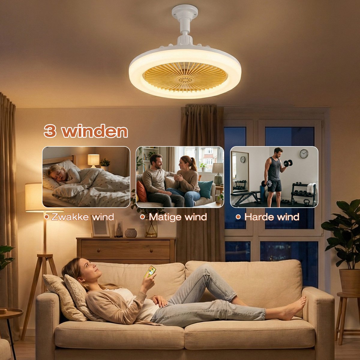 MUPOO Plafond ventilator met LED verlichting E27 Fitting met 360° Draaibaar - APP & Afstandsbediening -Eenvoudige Installatie -Snel te Installeren - 3 Snelheden & Dimbaar - Mini lamp ventilator plafond Voor Slaapkamer & Keuken -Geel thumbnail 5