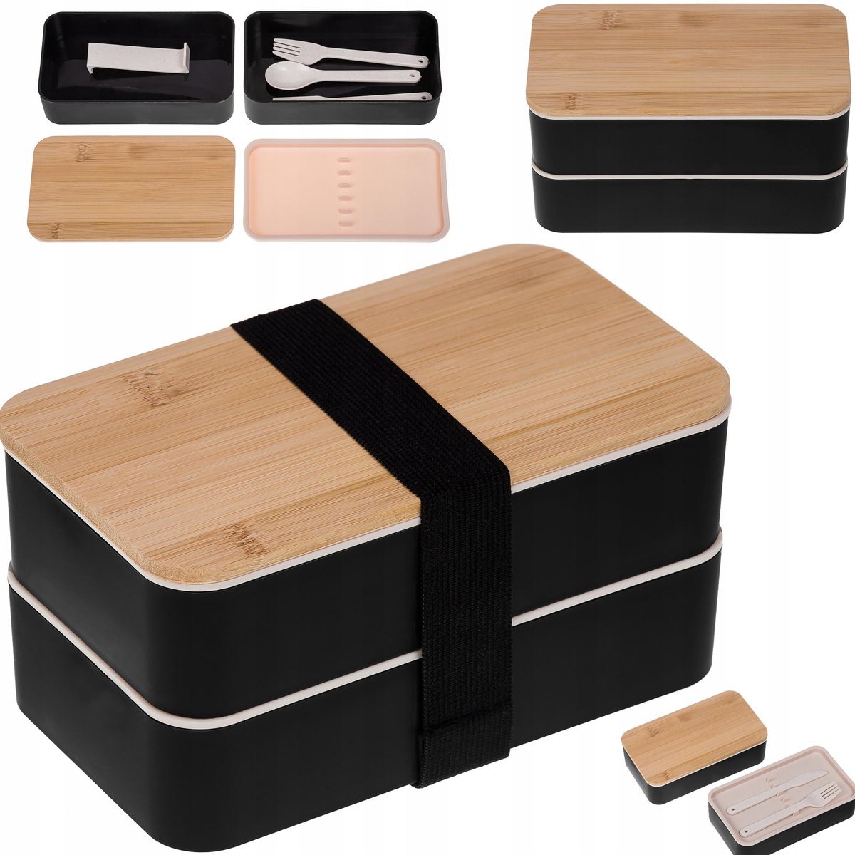 Asgard - Dubbele Lunchbox - Bamboe Deksel - Zwart of Wit - Inclusief Bestek