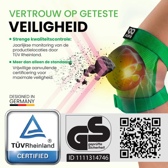 Groene kniebeschermer ondergaat impacttest. Tekst: 'VERTROUW OP GETESTE VEILIGHEID' en 'DESIGNED IN GERMANY'.