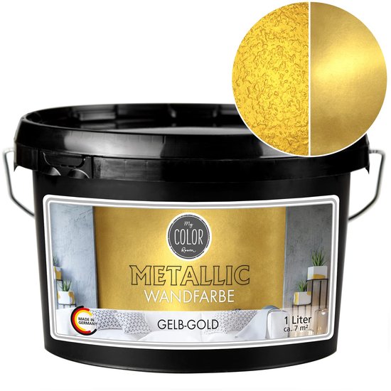 Emmer My COLOR Room Metallic Muurverf Gelb-Gold. Een detail toont de textuur op ruw en glad oppervlak.