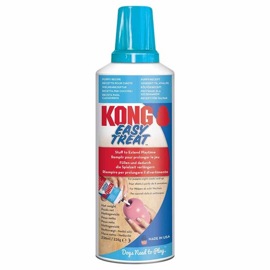 Kong Easy Treat Puppy Recept. Een roze KONG speeltje wordt gevuld met de snack.