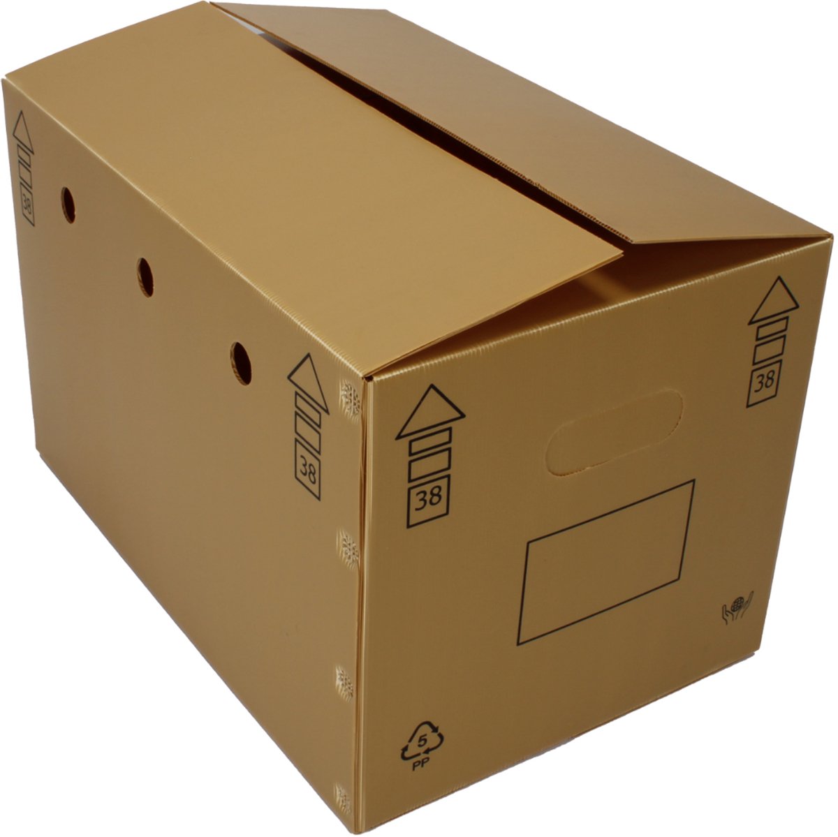 10 Duurzame Verhuisdozen — 91 Liter — Set van 10 — Extra stevige Verhuisdozen — PP golfplaat met 0 tot 30 procent gerecycled materiaal — ultrasoon gelast voor extra stevigheid en duurzaamheid — EURO 38 Maat — Euro 38 verhuisboxen