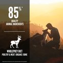 Man en hond kijken elkaar aan op een berg bij zonsondergang, 85% dierlijke ingrediënten.