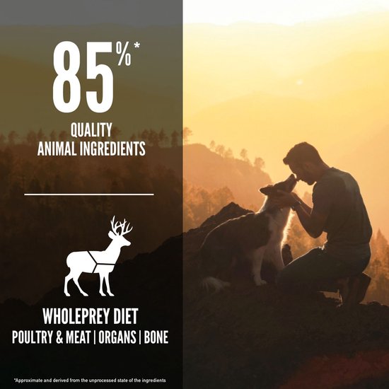 Man en hond kijken elkaar aan op een berg bij zonsondergang, 85% dierlijke ingrediënten.