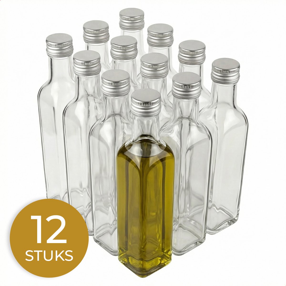 Glasverpakkingen® Oliefles - 12 Stuks - Glazen Flesjes met Zilveren Schroefdop - 250 ml - Azijnfles - Sausfles - Dressing - Likeurfles