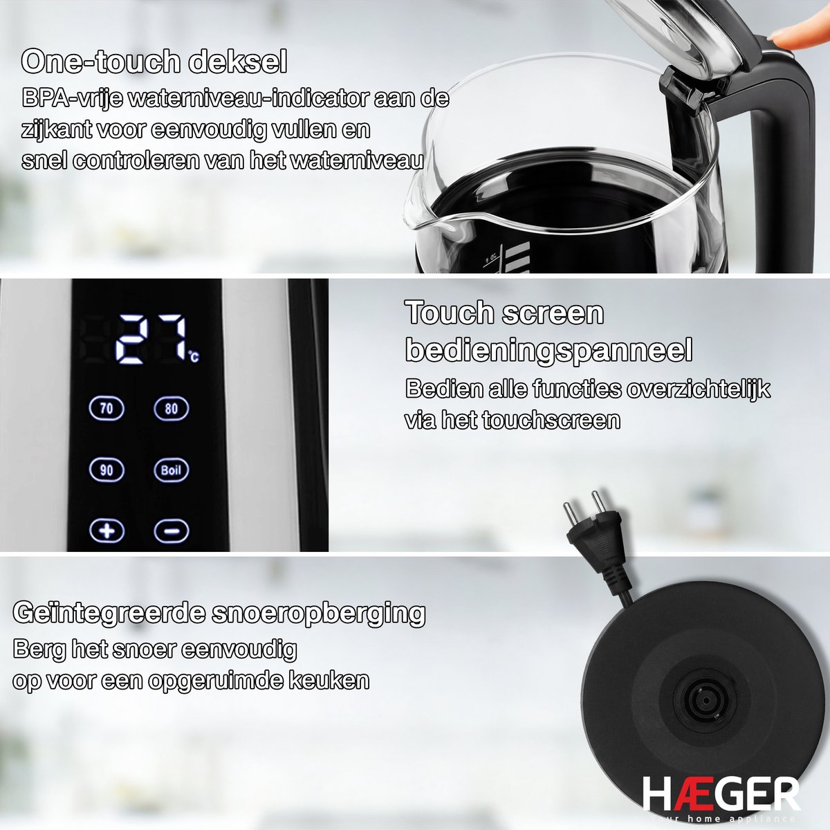 Haeger Digiglass Waterkoker met Temperatuurregeling - Anti-kalkfilter - Warmhoudfunctie - Dubbelwandig - Elektrisch - 1,7 Liter - 2200W - Zwart — afbeelding 3