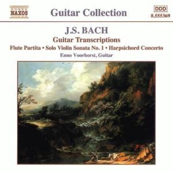 J.S. Bach: Guitar Transcriptions door Enno Voorhorst. Klassiek landschapsschilderij met rivier, watervallen en rotsachtige heuvels.