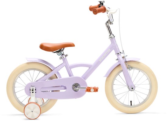Vélo enfant lilas avec selle et guidon marron, pneus blancs et roulettes.