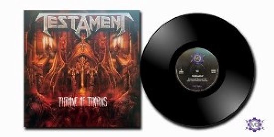 Testament "Throne of Thorns" albumhoes met zwarte vinylplaat.