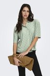 Model met lichtgroene blouse met korte mouwen, broderie anglaise en bruine tas.