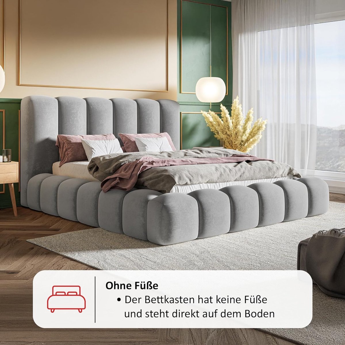 Gestoffeerd Opbergbed 160x200 cm Fluweel Lichtgrijs met Matras H3/H4, Lattenbodem en Hoofdbord – Luxe Bubble Bed met Hydraulische Opbergruimte en Bedlade – NoviHome Velvet Dream Bed