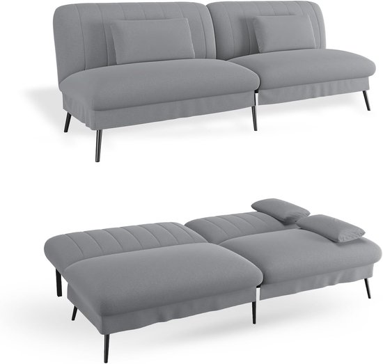 Vue de dessus d'une banquette-lit grise en position assise et vue de dessous en position couchage, sur pieds noirs.
