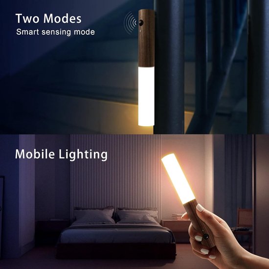 LED-wandlamp - nachtlamp - nachtlampje met bewegingssensor - USB oplaadbaar - Nachtlampje met magnetische bevestiging - Natuurlijke houtkleur - Hout — afbeelding 2