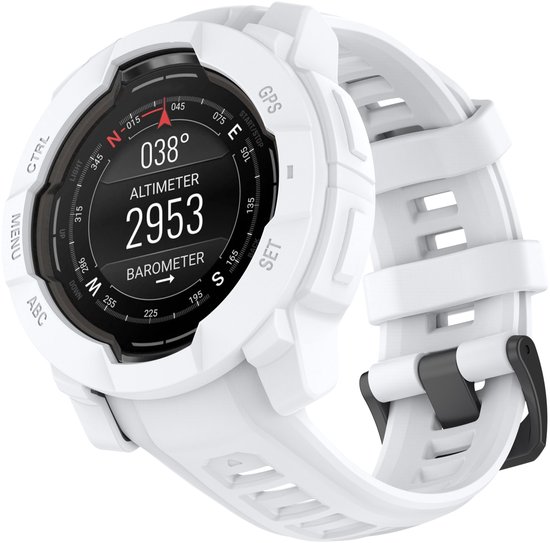 Wit Garmin Instinct 3 (50mm) smartwatch met bandje, in een hoek geplaatst. Toont 'CTRL', 'MENU', 'ABC', 'GPS', 'SET' knoppen en een scherm met altimeter en barometer.