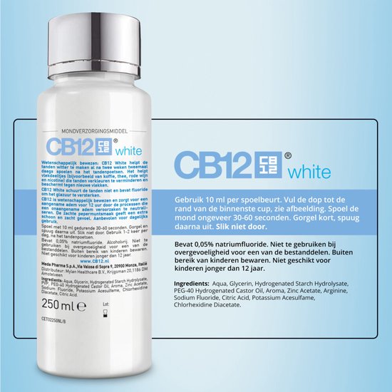 CB12 White Mondwater - Frisse Adem en Whitening effect - 12 uur bescherming - Met fluoride en pepermuntsmaak - Alocholvrij - 250ml