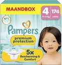 Pampers Premium Protection boîte mensuelle taille 4, 174 couches, 9-14 kg. Avec une image de bébé.