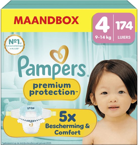 Pampers Premium Protection boîte mensuelle taille 4, 174 couches, 9-14 kg. Avec une image de bébé.