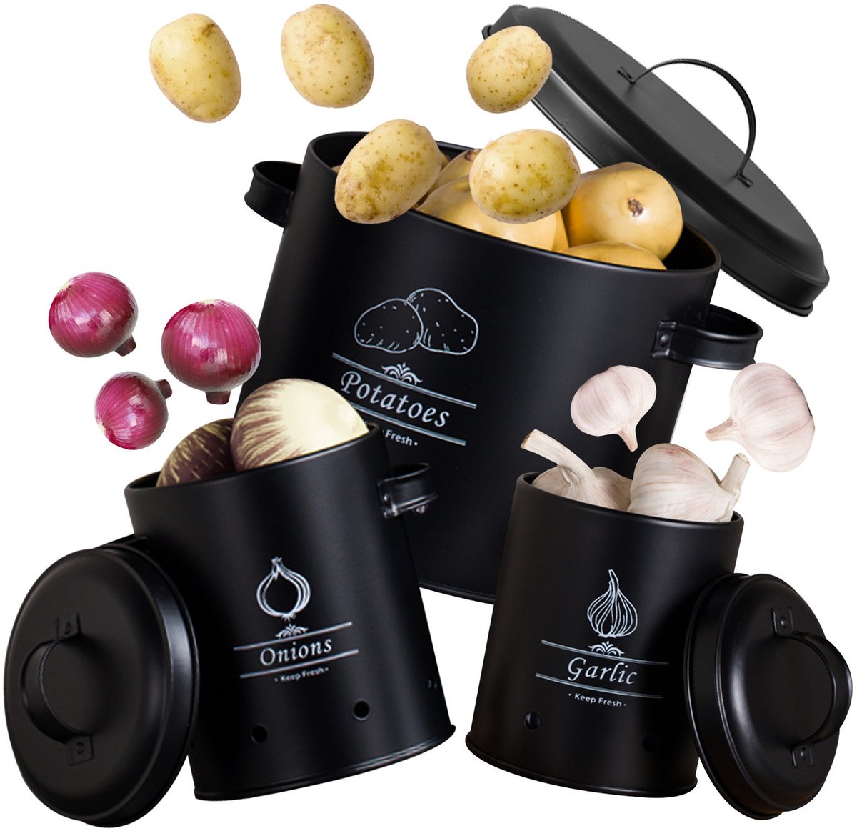 Premium 3-delige Opbergset voor Aardappelen, Uien en Knoflook – Houdt Groenten Lang Vers – Rechthoekig, Vriezerbestendig – Zwart