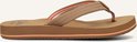 Zij-aanzicht van cognacbruine Reef slippers met gekleurde strepen in de bandjes en oranje accenten.