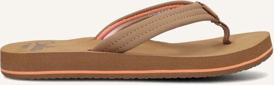 Zij-aanzicht van cognacbruine Reef slippers met gekleurde strepen in de bandjes en oranje accenten.