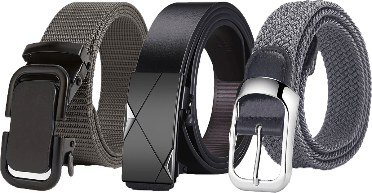 Men's 3-piece set with elastic belt, leather belt, gray elastic golf belt, casual fabric, casual belt | Elastic belt, black jeans/sportswear, versatile, durable, comfortable commuting pants