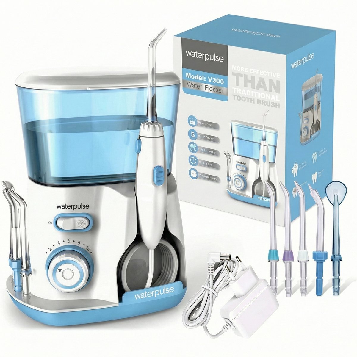 Sogiol® Waterflosser– Monddouche - Monddouche met 10 Standen– 5 Flosopzetstukken - 800 ml Waterreservoir - IPX7 Waterdicht - Voor Gezond Tandvlees & Frisse Adem - Blauw