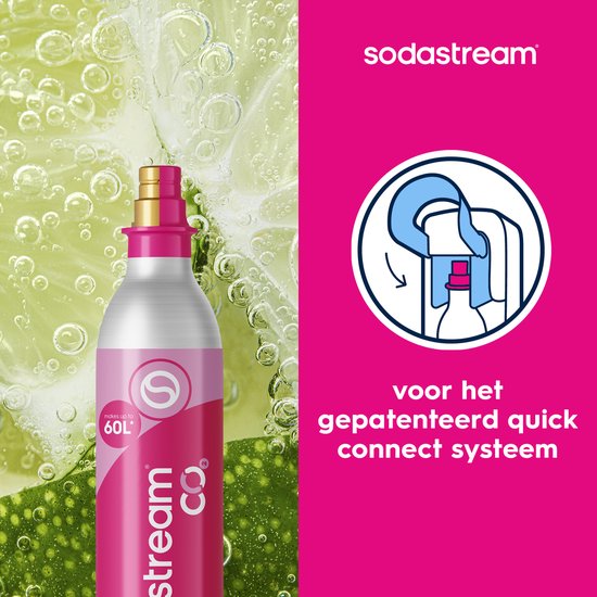 Roze SodaStream CO2-cilinder voor het gepatenteerde Quick Connect systeem, met bubbels en limoen.