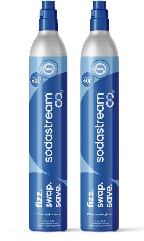 Twee Sodastream CO2-cilinders van 60L met blauw en wit design.