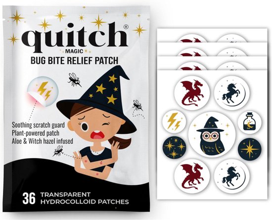 Verpakking van quitch bug bite relief patches met een illustratie van een heks en een vel met 36 stickers.