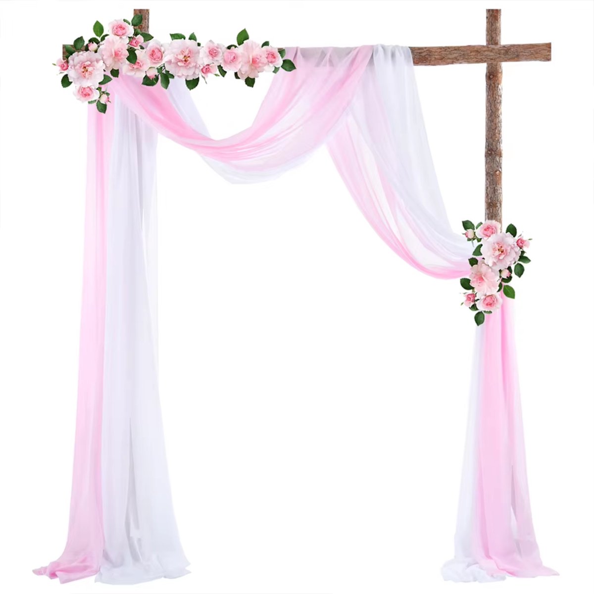Happiq Tule Achtergrondgordijn 2 Stuks - Voor Bruiloft, Feest & Buiten - Witte & Roze Chiffon Decoratie met Elastiek - 70x550 cm - Wit and Roze White