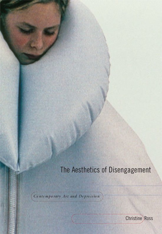 Een boek met de titel "The Aesthetics of Disengagement" over hedendaagse kunst en depressie, met op de cover een close-up van een jong meisje in een witte, opblaasbare kraag.