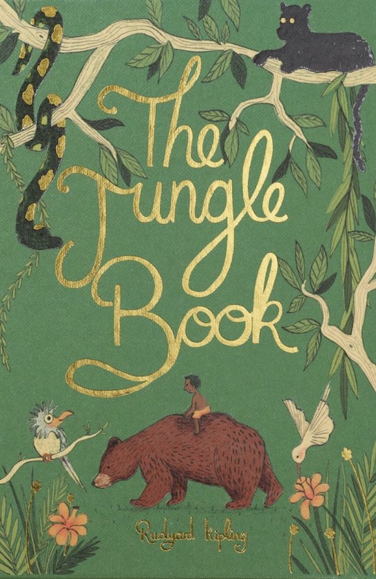 Couverture verte avec les lettres dorées de 'The Jungle Book'. Un ours brun avec Mowgli dessus, un serpent, une panthère et des oiseaux dans les arbres.