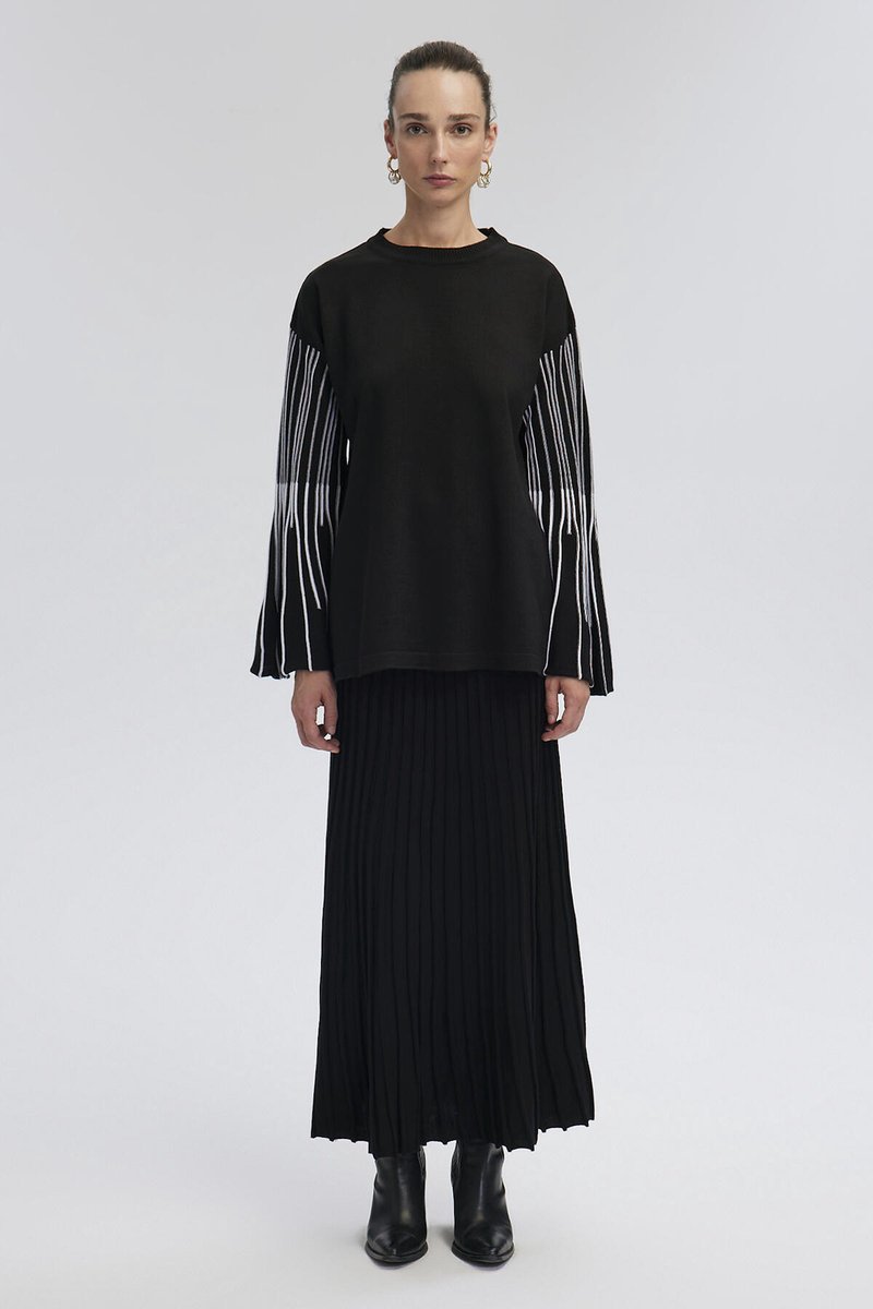 Touché Privé - Gebreide set van tuniek ve rok met streepdetail - Zwart - Dames