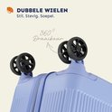 Detail van vier dubbele zwenkwielen van een lichtblauwe koffer.