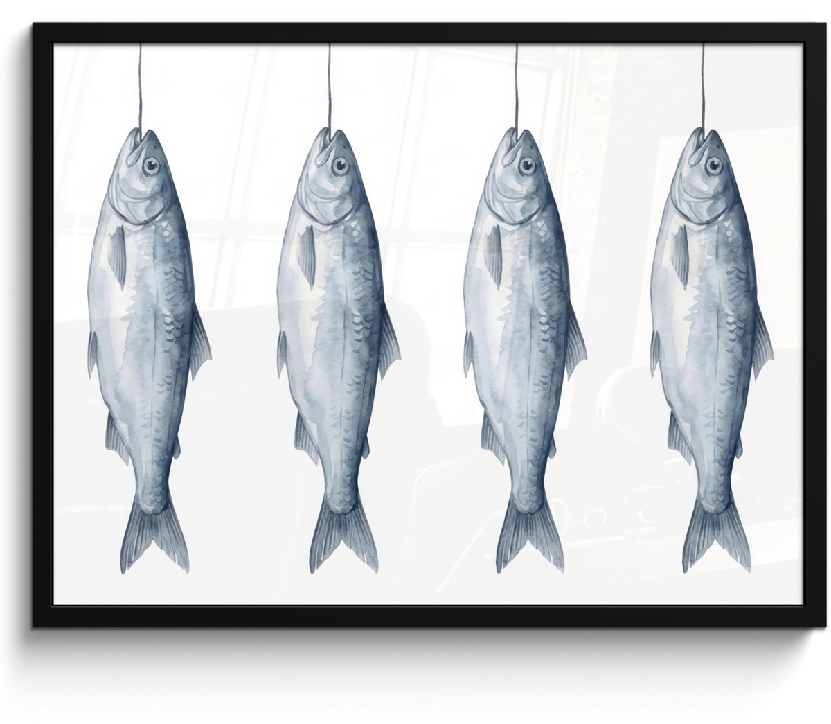 FrameYourWall Poster in lijst - Fotolijst 70x50 cm - Posters - Vissen - Illustratie - Delfts - Blauw - Posterlijst zwart - Decoratie - Wanddecoratie woonkamer - Muurdecoratie slaapkamer