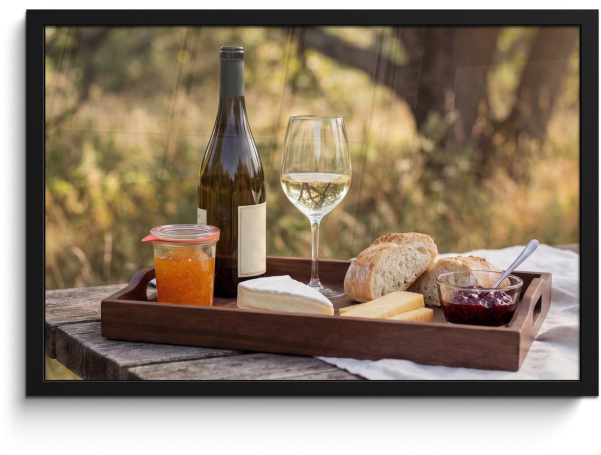 FrameYourWall Poster in lijst - Fotolijst 60x40 cm - Posters - Picknick - Wijn - Kaasplankje - Posterlijst zwart - Decoratie - Wanddecoratie woonkamer - Muurdecoratie slaapkamer