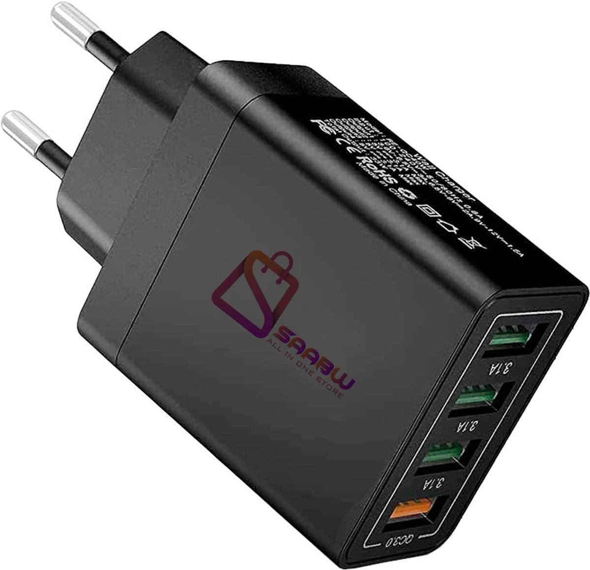SAABW Oplader USB 4 Poorten – Quick Charge 3.0 Snellader 3.1A – opladers – Zwart – oplader samsung – oplader iphone – Universeel – 44095
