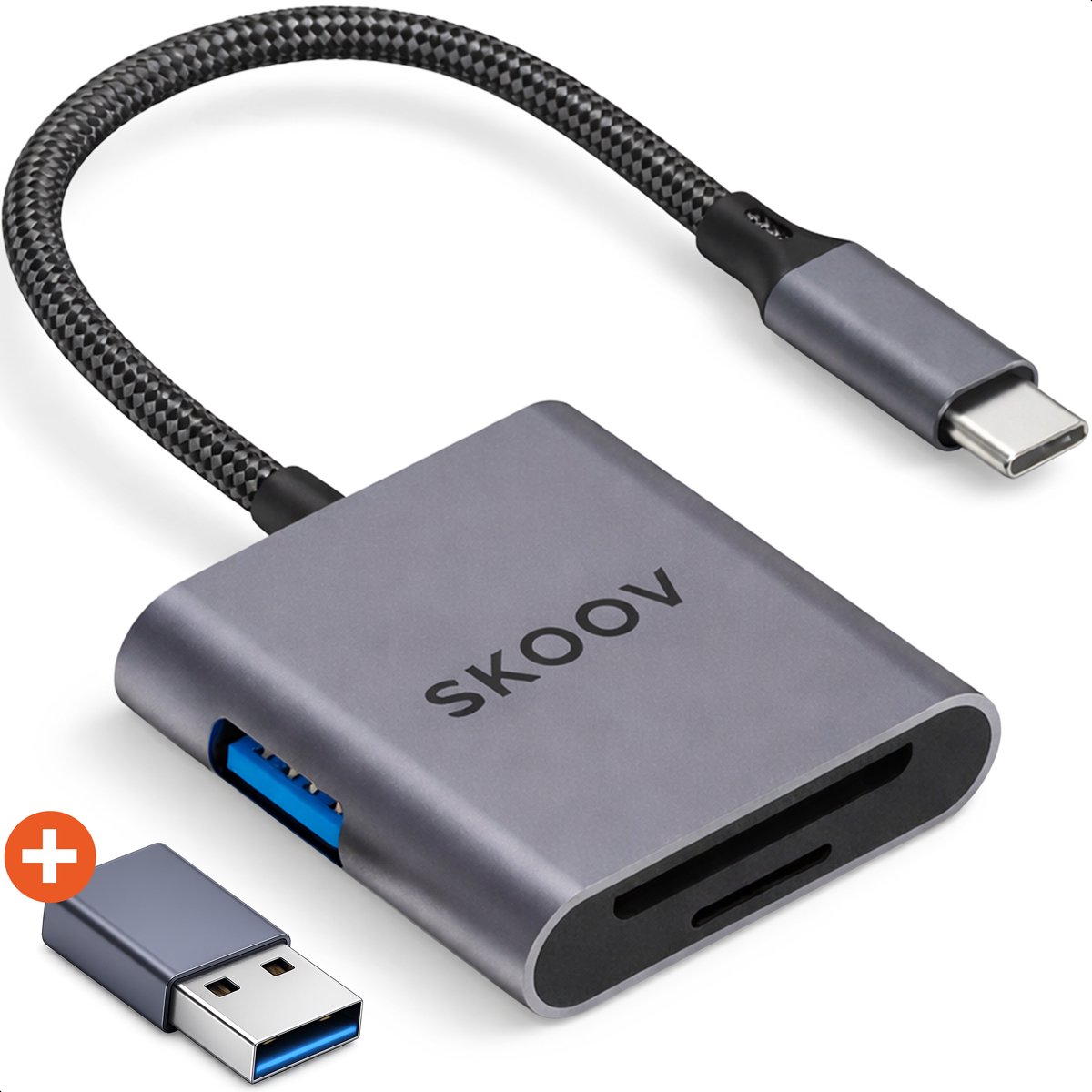 Skoov SD Kaart Lezer met USB-C aansluiting - Micro SD - Adapter - Cardreader - Geheugen kaart - Kaartlezer - Converter - TF - USB A naar USB C - Grijs