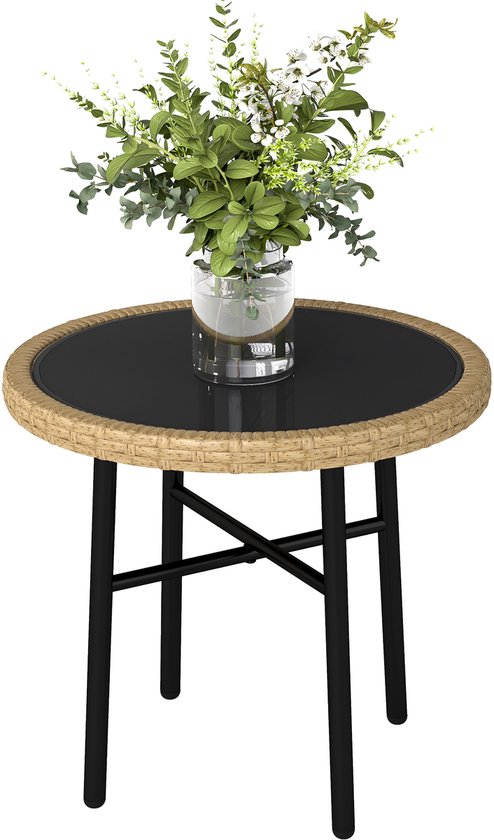 Outsunny Rattan bijzettafel - Geweven hars, staal - Natuurlijke houtafwerking