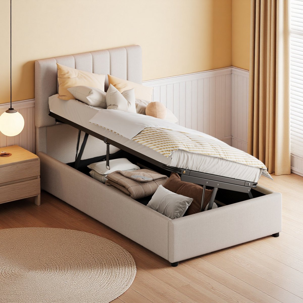 Boxspringbed 90x200 cm met Opbergruimte, Beige Stoffen Bedframe met Hoofdeinde, Comfortabe