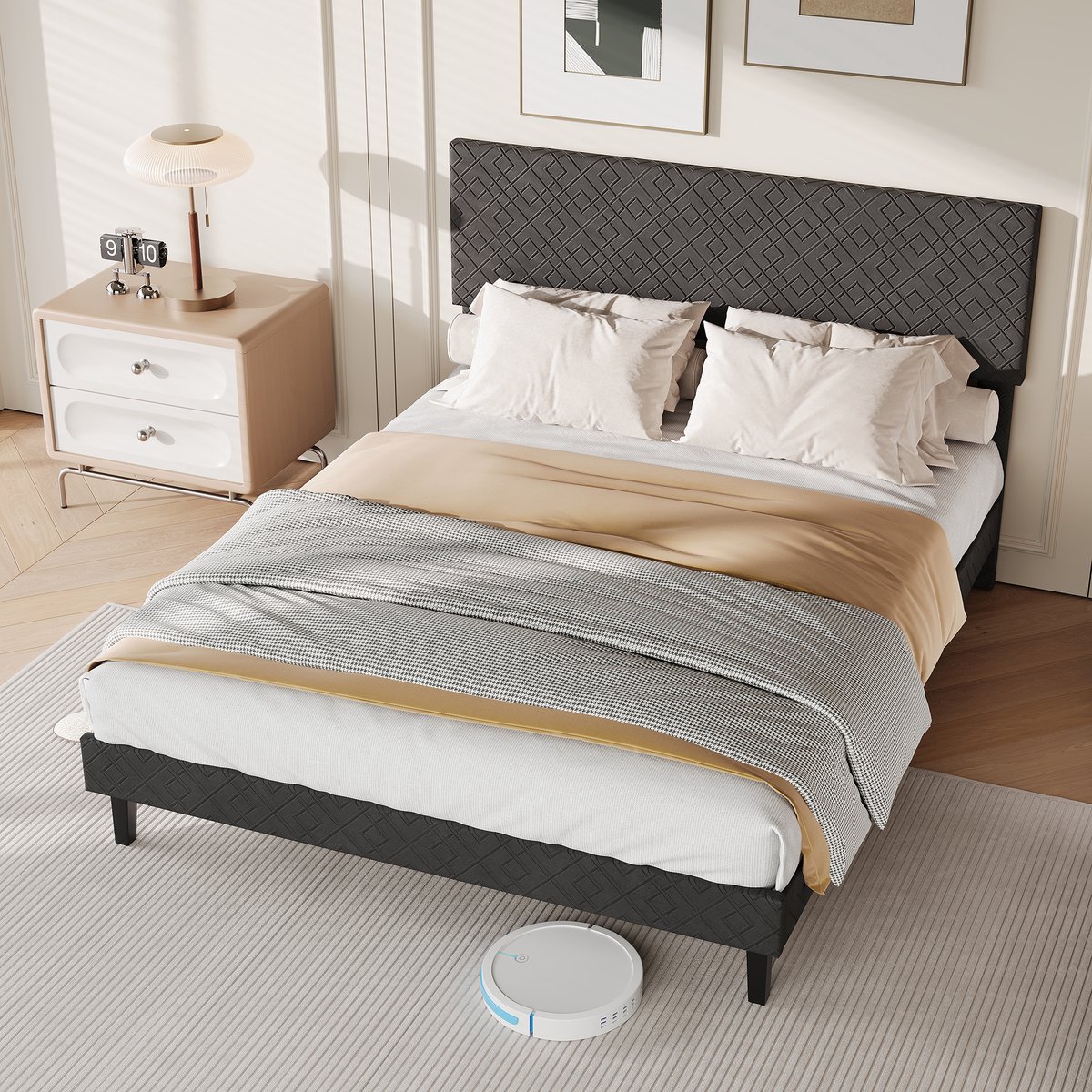 ROSAHQNDA Gestoffeerd platformbed 140x200cm, eenvoudig plat bed, tweepersoonsbed, kinderbed, lattenbodem, bed voor volwassenen, tienerbed, grijze linnen stof Grijs