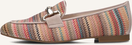 Zijzicht van een instapper met zigzagprint in beige, oranje, rood en blauw, beige bies en gouden bit.