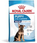 Zak Royal Canin Maxi Puppy voer met een Duitse herder pup op de voorkant. Iconen voor een sterk immuunsysteem en hersenontwikkeling.