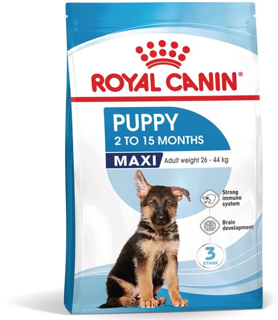 Zak Royal Canin Maxi Puppy voer met een Duitse herder pup op de voorkant. Iconen voor een sterk immuunsysteem en hersenontwikkeling.