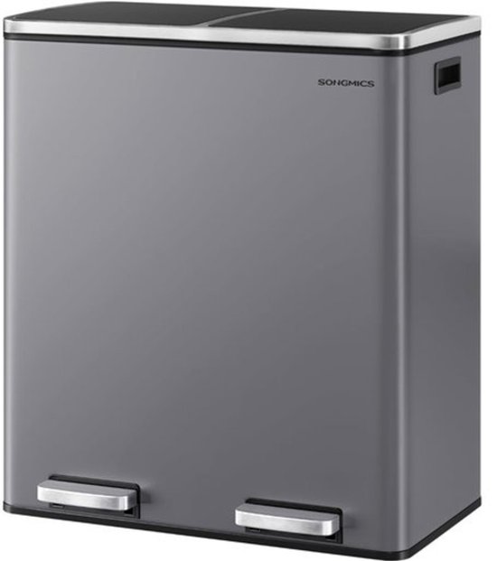 SONGMICS Prullenbak – Prullenbak 60 Liter – 2 vakken (2x30 Liter) – Vuilnisbak 60 Liter - Pedaalemmer 60 Liter – Grijze Prullenbak Afvalscheiding – Afvalemmer – Afvalbak Keuken – Matgrijs (+ Gratis 15 Afvalzakken)