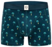 Donkerblauwe boxer shorts met een print van turquoise palmbomen met gele stammen.