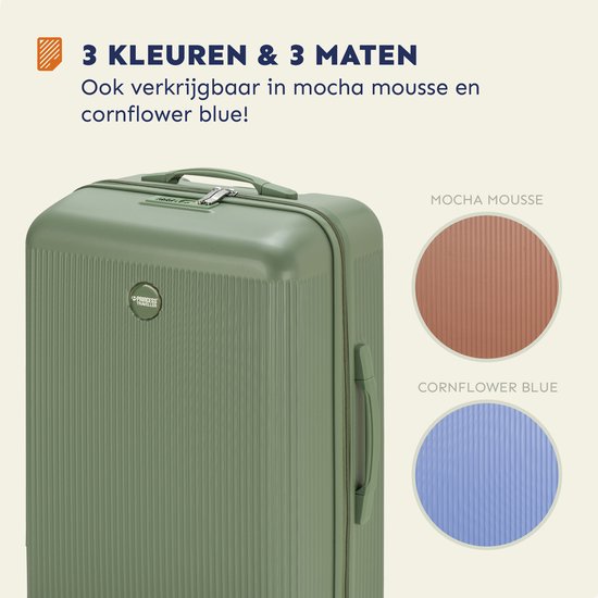 Groene koffer, met opties voor 'Mocha Mousse' en 'Cornflower Blue'. Tekst: '3 kleuren & 3 maten'.