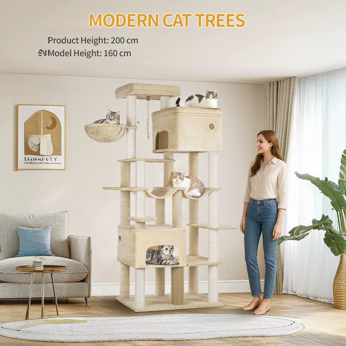 Multi Level Cat Tower - 200 cm - Krabpaal Katten Groot – Met 10 Krabpalen en 2 Hangmatten – Kattentoren met 2 Holletjes, Mand en Platform – Inclusief Kattenborstel – Geschikt voor Grote Katten en Kittens – foto 2
