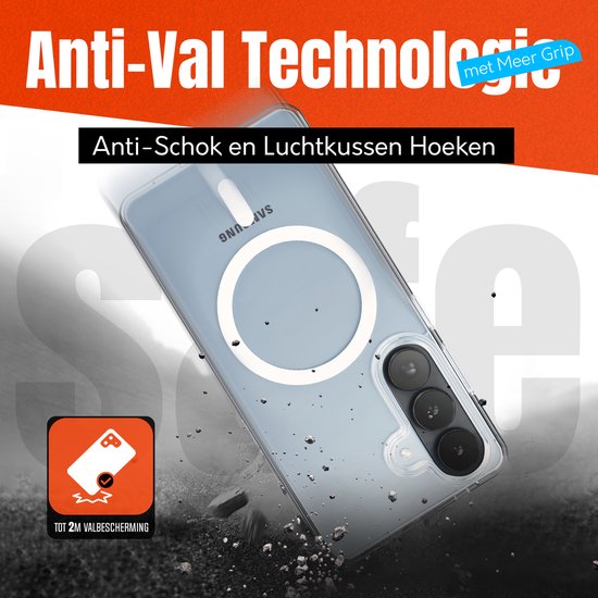 Transparant hoesje met MagSafe ring, valt uit elkaar en toont anti-val technologie.