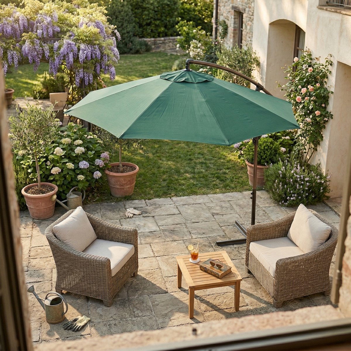 AXI Dion Zweefparasol Ø 300cm Eikenlook/groen – Gepoedercoat frame met kruisvoet – foto 3